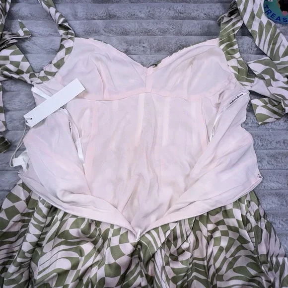 For Love & Lemons Dress Women's Small Green Mini Bow Straps Boned FIt & Flare‎